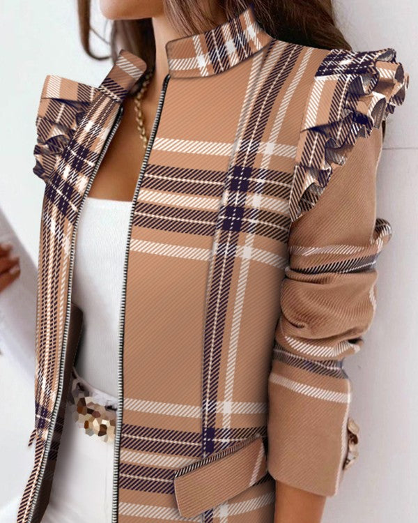 	 Plaid Print Ruffles Long Sleeve Zipper Up Coat Elegant Work Blazer Coat