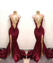 Load image into Gallery viewer, Women&#39;s Gold Appliques Mermaid Prom Dresses Long Split Evening Gowns