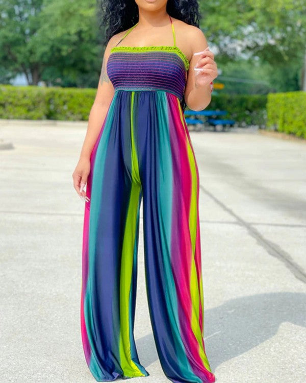 Multicolor Striped Halter Sleeveless Shirred Jumpsuits