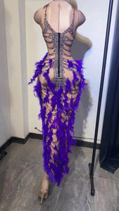New Sexy Nightclub Bar Dance Costume Purple Sequins Feather Slit Long Dress Women Lead Dancer Party Performance Stage Wear