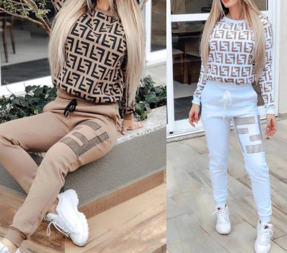 Winter Sport Two Piece Suit Women Tracksuits Print Long Sleeve Pullover Sweatshirts Top+Jogger Sweatpants Winter Matching Set