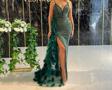 Load image into Gallery viewer, Sequined Glitter Evening Dresses With Feathers Detachable Tail Arabic Strap Slit Formal Party Dress Formal Gowns