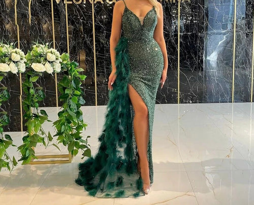 Sequined Glitter Evening Dresses With Feathers Detachable Tail Arabic Strap Slit Formal Party Dress Formal Gowns