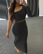 Load image into Gallery viewer, Plain One Shoulder Crop Top &amp; High Waist Maxi Skirt