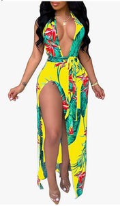 Women's Sexy Deep V Neck Backless Floral Beach Dress Split Maxi Party Dress