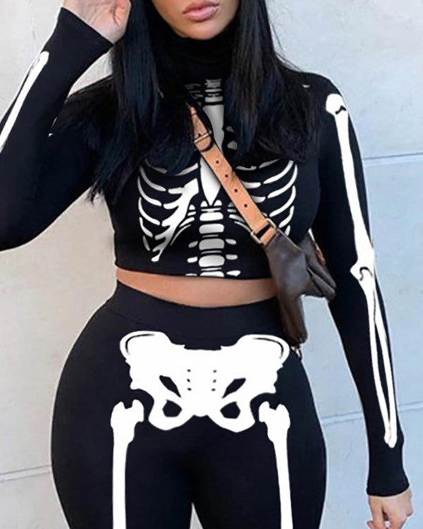 Skeleton Print Crop Top & High Waist Pants Set