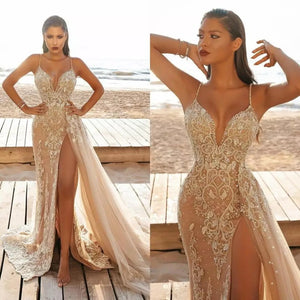 High Split Champagne Mermaid Prom Dresses Spaghetti Straps Lace Beaded Evening Gowns 