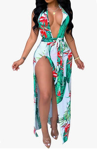 Women's Sexy Deep V Neck Backless Floral Beach Dress Split Maxi Party Dress