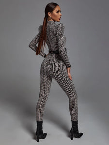 Chic Geometric Jacquard Jumpsuit Long Sleeves With Belt High Neck Celebrity Party Club Bandage Jumpsuit