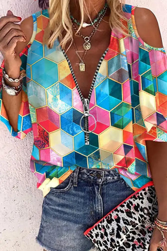 Cold Shoulder Zipper Tie Dye Printing Shirt 