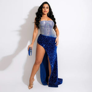Luxury Party Evening Dress Crystal Rhinestone Sequins Robe Sexy
