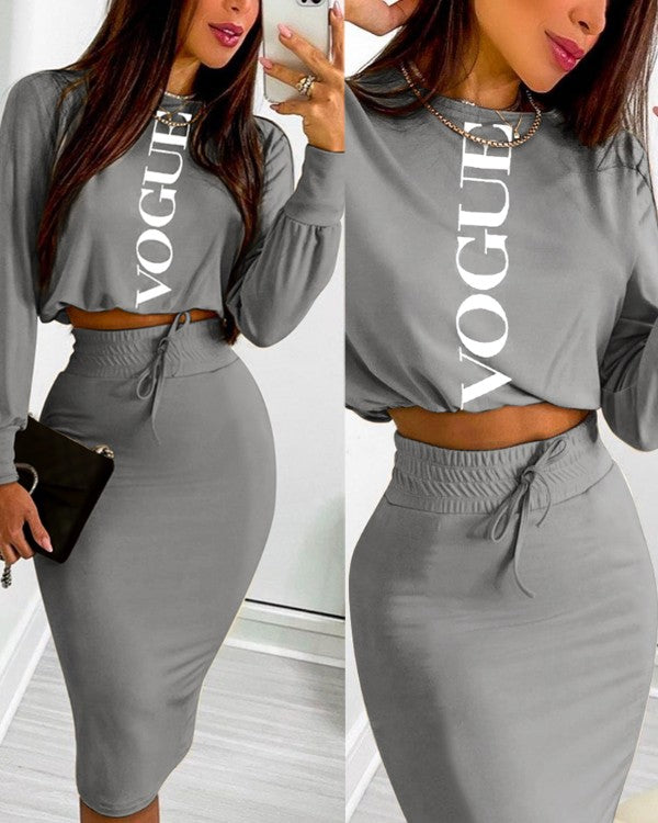 Letter Print Long Sleeve Top & Drawstring Shirred Skirt Set