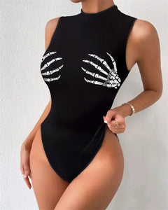 Halloween Skeleton Print Sleeveless Bodysuit
