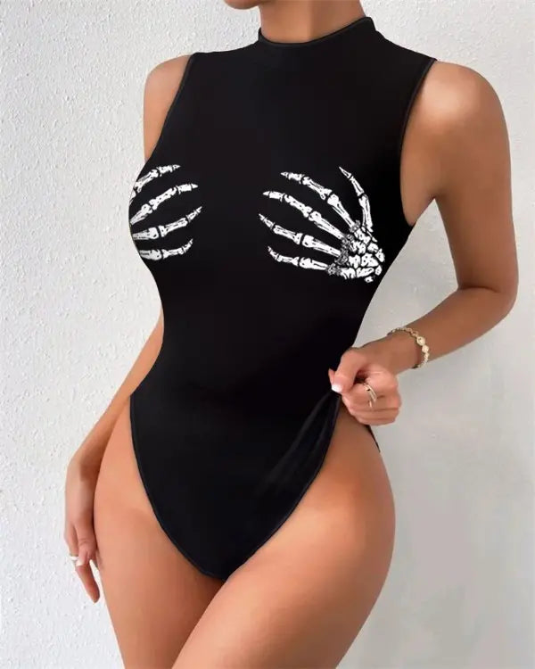 Halloween Skeleton Print Sleeveless Bodysuit