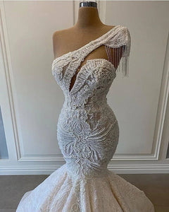 One Shoulder Mermaid Wedding Dresses Beaded Crystal Lace Applique Tassel Bridal gown 