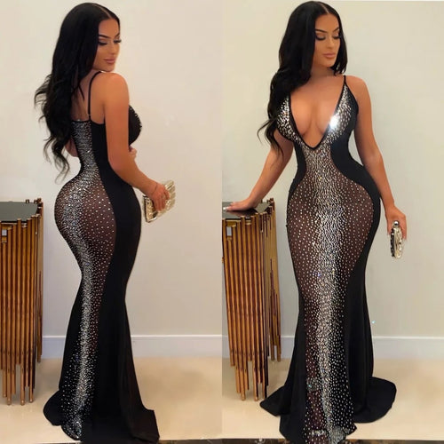 Fancy Evening Dress Party Nightclub Sparkling Crystal Rhinestone Mesh Sheer Sexy Bodycon Long Maxi Dresses