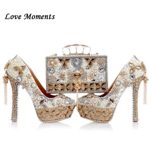 Luxury Beige Pearl Wedding shoes with matching bags 14cm high heels Platform shoes woman Party Dress shoes and bag set
