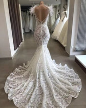Load image into Gallery viewer, Exquisit Lace Mermaid Wedding Dress 2020 Luxury Pearls Sheer Neck Backless Cap Sleeves Wedding Bridal Dresses vestido de noiva