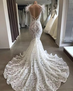 Exquisit Lace Mermaid Wedding Dress 2020 Luxury Pearls Sheer Neck Backless Cap Sleeves Wedding Bridal Dresses vestido de noiva