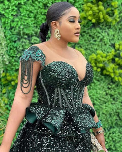 Hunter Green Jumpsuits Prom Dresses Sheer Neck Sequined Luxury African Style