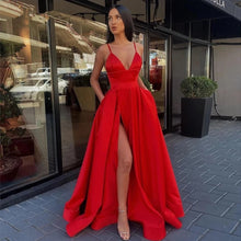 Load image into Gallery viewer, 2022 Sexy V Neck Satin Evening Dresses Spaghetti Strap Side Slit Prom Dress Evening Gowns Party Dress 