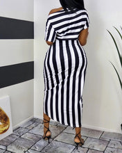 Load image into Gallery viewer, Striped Print One Shoulder Wrap Midi Dress 