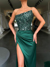 Load image into Gallery viewer, Sequins Ruched Strapless Sleeveless Sweep/Brush Train Dresses