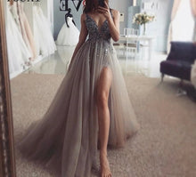 Load image into Gallery viewer, Beading Prom Dresses Long 2021 V Neck Light Gray High Split Tulle Sweep Train Sleeveless Evening Gown A-Line Backless