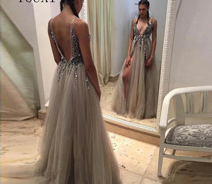 Beading Prom Dresses Long 2021 V Neck Light Gray High Split Tulle Sweep Train Sleeveless Evening Gown A-Line Backless