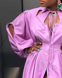 Lantern Sleeve Cutout Tied Detail Buttoned Shirt Dress 