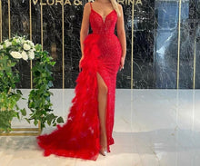Load image into Gallery viewer, Sequined Glitter Evening Dresses With Feathers Detachable Tail Arabic Strap Slit Formal Party Dress Formal Gowns