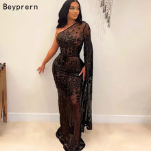 Load image into Gallery viewer, Beautiful Sequin Glam Gown Birthday Outfits Women Sparkle Black Sequins Sheer Single Long Sleeve Dress Birthday Outfits