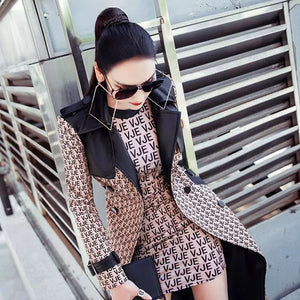 British Style Two Pieces Printed Coat Women Spring and Autumn New 2022 Temperament Clash Color Waist Windbreaker Long