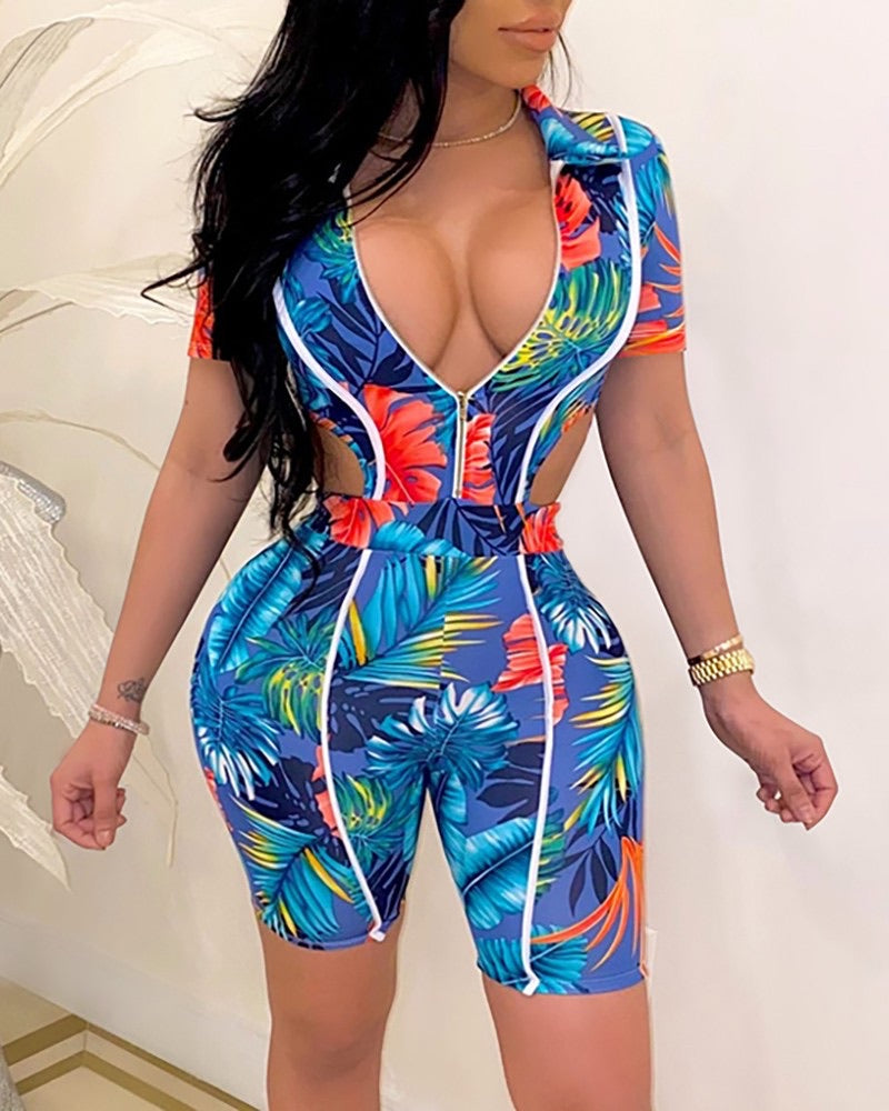 Print Cutout Zipper Design Fitted Romper spring collection 2021