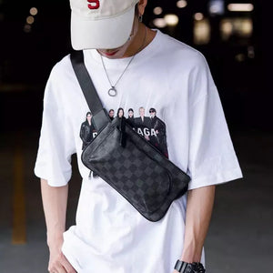 Men's Street Pockets Plaid Style Fashion Chest Bag PU Leather Chest Bag Can Be Slung Mobile Phone Shoulder Bag Casual Trend New