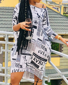 One Shoulder News Paper Print Casual Dress