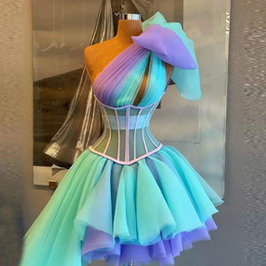 Colorful Short Prom Dresses With Side Train One   Shoulder Bow Shoulder Ruffles Custom Made Mini Length   