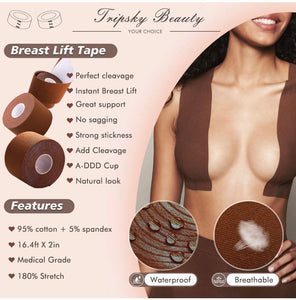 Glam Boob Tape, Breast Lift Tape and Nipple Covers, Push up Tape and Breast Pasties Strapless Bra Tape Chest Support Tape for Large Breasts, Invisible Gaffer Tape Duct Tape Backless Bra Lift Tape (Coffee)