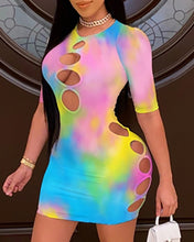Load image into Gallery viewer, Cutout Tie Dye Print Short Sleeve Bodycon Dress 