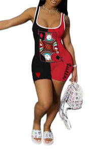 jumpsuit features 2 color, round neck, sleeveless, shoulder strap, shorts with Queen design