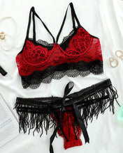 Load image into Gallery viewer, Crochet Lace Colorblock Lingerie Set With Tassel Skirt &amp; Gloves