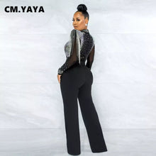 Load image into Gallery viewer, Glam Women Jumpsuit Solid High Collar Hot Drill Mesh Shoulder Cotton Long Sleeves