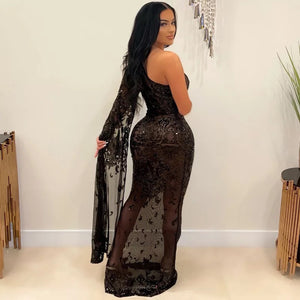 Beautiful Sequin Glam Gown Birthday Outfits Women Sparkle Black Sequins Sheer Single Long Sleeve Dress Birthday Outfits