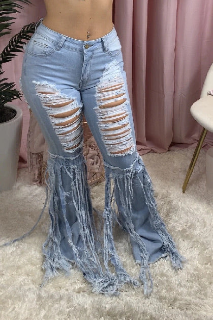 Fringed Frayed Flared Jeans