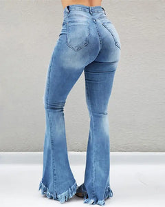 High Waist Bell-Bottom Distressed Tassel Jeans
