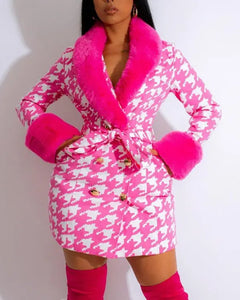 Houndstooth Print Fuzzy Trim Double Breasted Coat