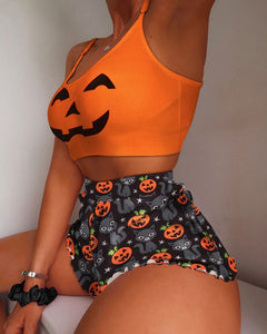 Halloween Pumpkin Cat Print Cami Set