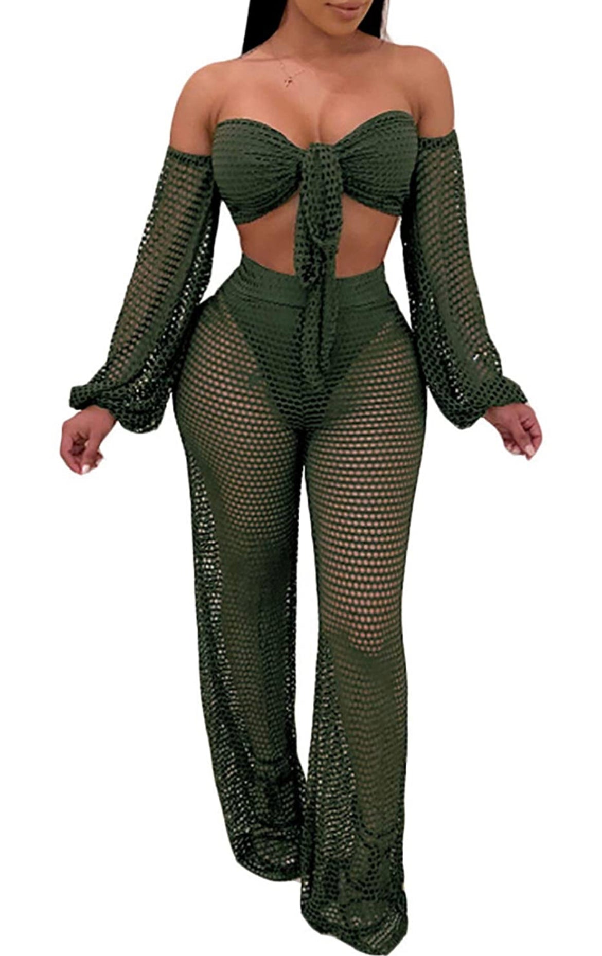  Sexy Mesh See Through Crochet Off Shoulder Crop Tops and Legging Pants 2 Piece Bikini Swimsuit Cover-ups Beach Outfits