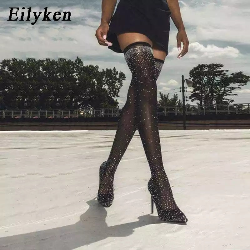 Eilyken 2022 Newest Stretch Fabric Pointy Toe Stiletto Over The Knee Boots Ladies Sexy Thigh Boots Women Fashion High Heel Boots