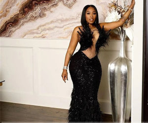 Sexy African Mermaid Evening Dress For Black Girls 2022 Feathers Beaded Birthday Party Gown